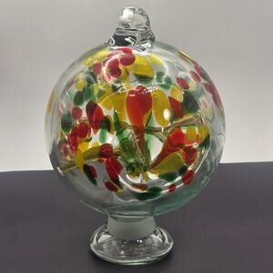 Hanging Glass Witch Ball 4" Diameter Open Base Red Green Yellow Excellent Cond